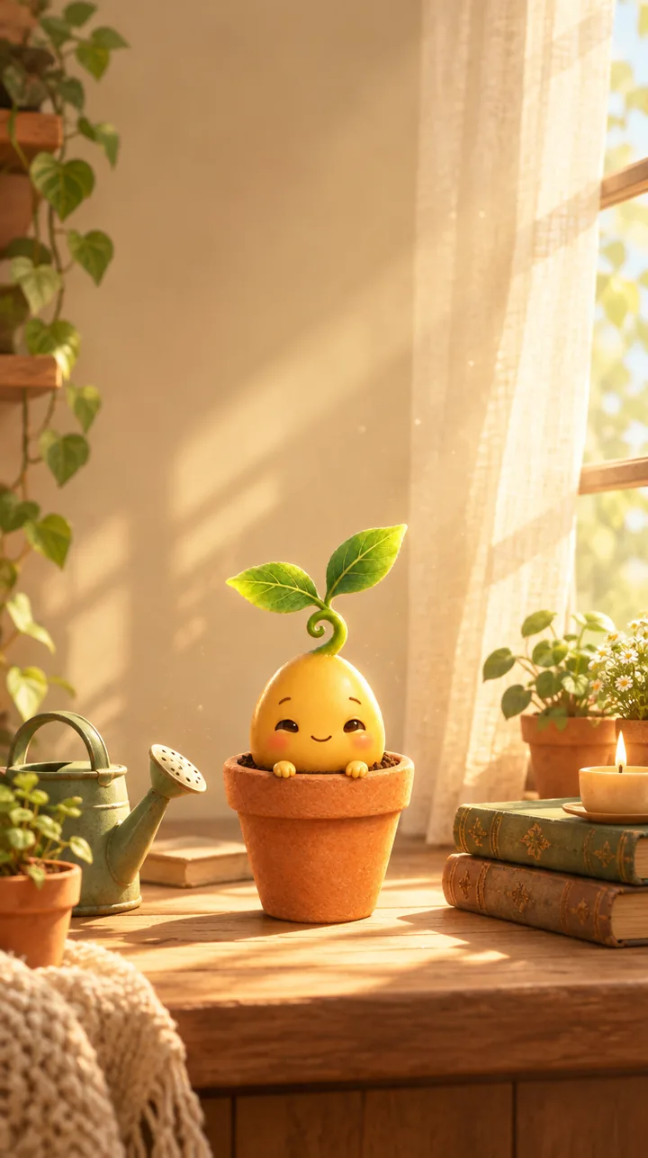 The seed in its pot on a sunlit windowsill